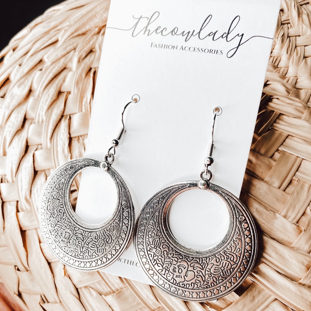 Floral Embossed Silver Hoop Earrings Silver Festival Cowgirl Western Jewelry